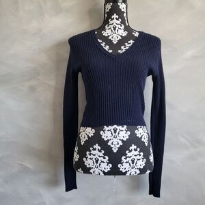 Brandy 🩷 Melville Ribbed V Neck Wool Blend Long Sleeve Blue Sweater OS